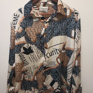 Burberry Men’s Long-Sleeve Printed Shirt — Black, Cream & Tan